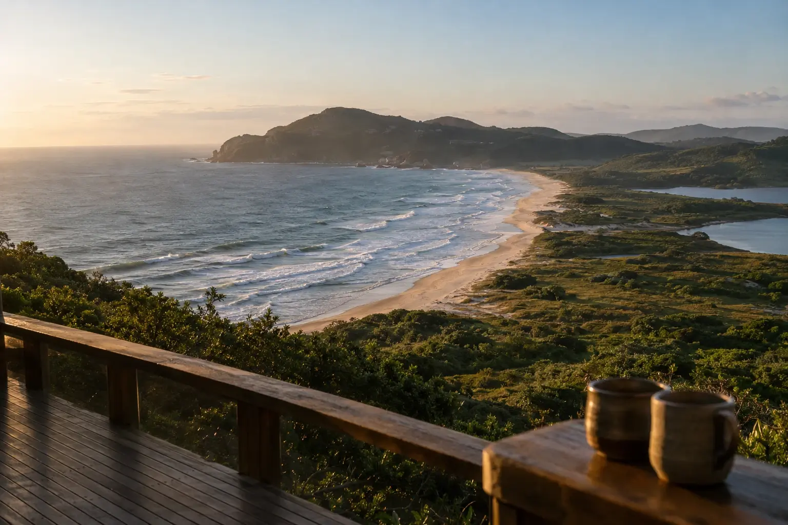 A Praia do Rosa vista da varanda da Casa Ondina ao nascer do sol