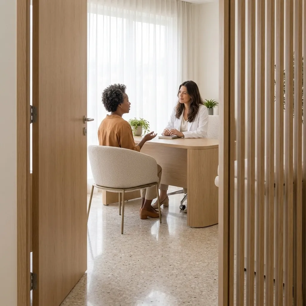 Médica conversando com uma paciente no consultório