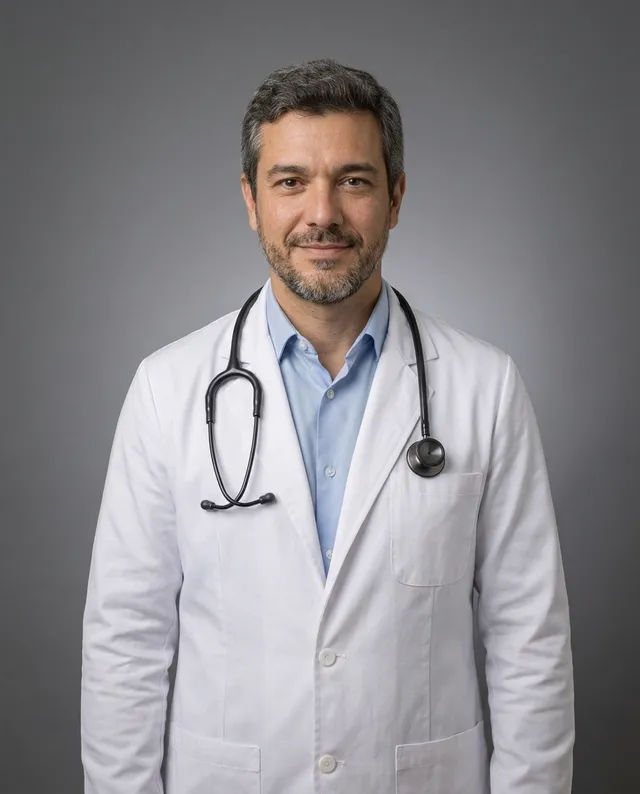 Retrato de Dr. Rafael Moretti, de jaleco e estetoscópio, em fundo cinza