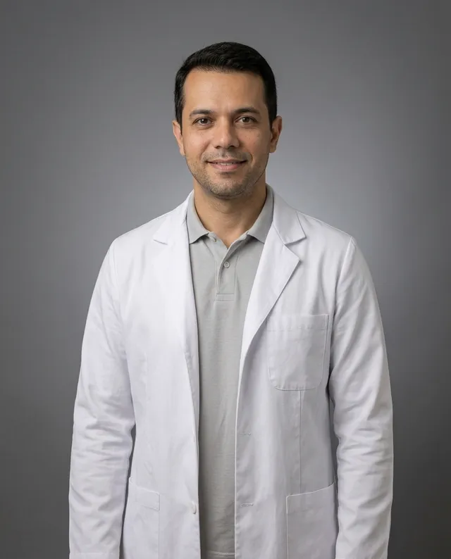 Retrato de Dr. André Lins, de jaleco, em fundo cinza