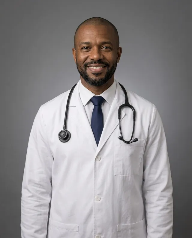 Retrato de Dr. Tiago Bastos, de jaleco e estetoscópio, em fundo cinza