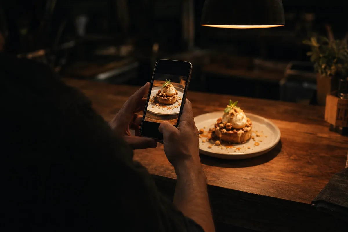 Dono fotografando com o celular uma sobremesa nova no balcão