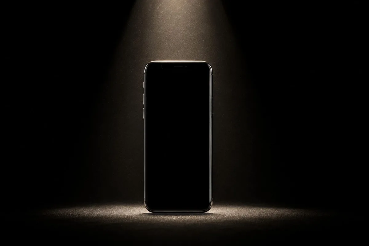 Celular sob uma luz de palco, em fundo preto