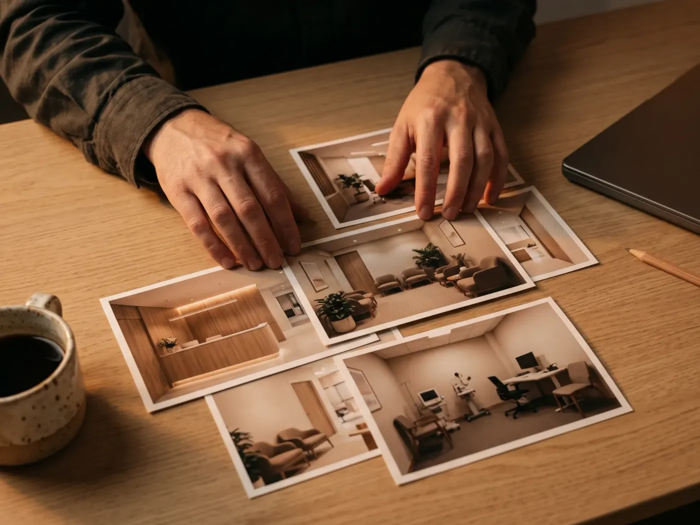 Mãos organizando fotos impressas de uma clínica sobre a mesa