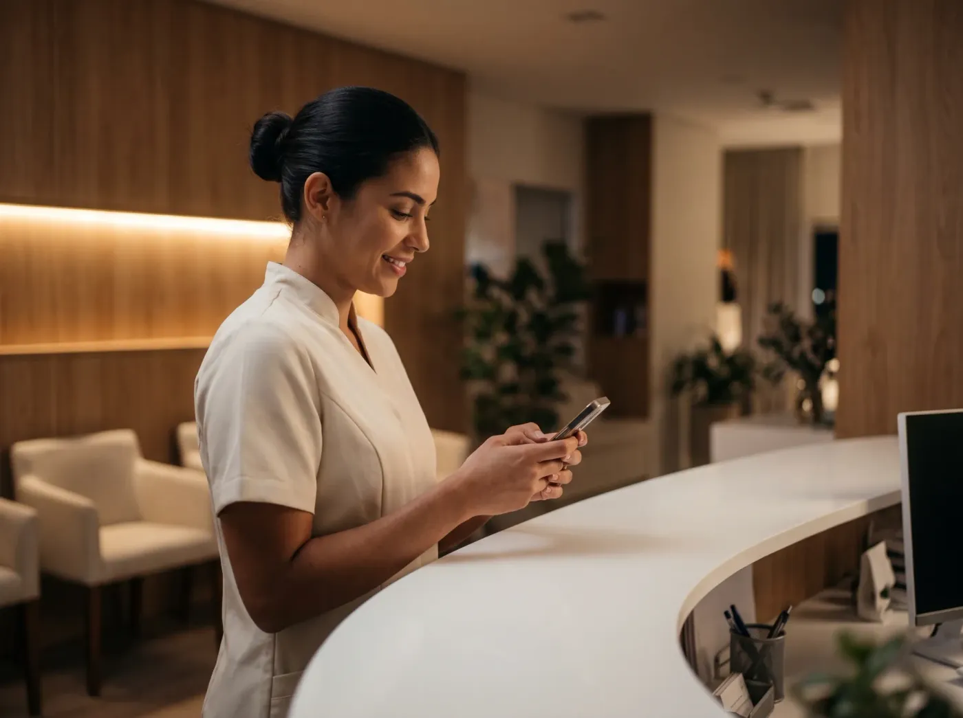 Recepcionista respondendo uma paciente pelo celular no balcão da clínica