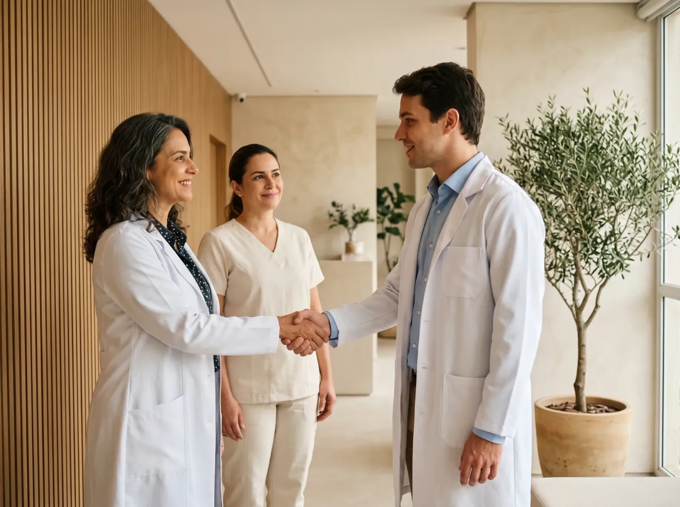 Médica recebendo um médico novo na equipe, com a recepcionista ao lado